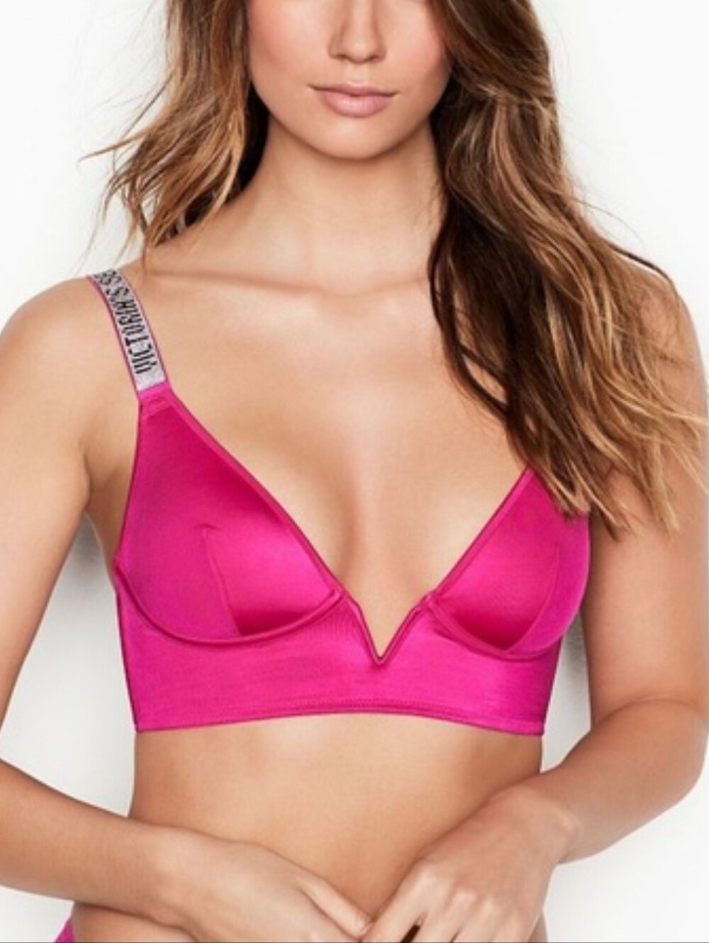 Victoria's Secret Hot Pink Satin Plunge Bralette with Logo Straps
